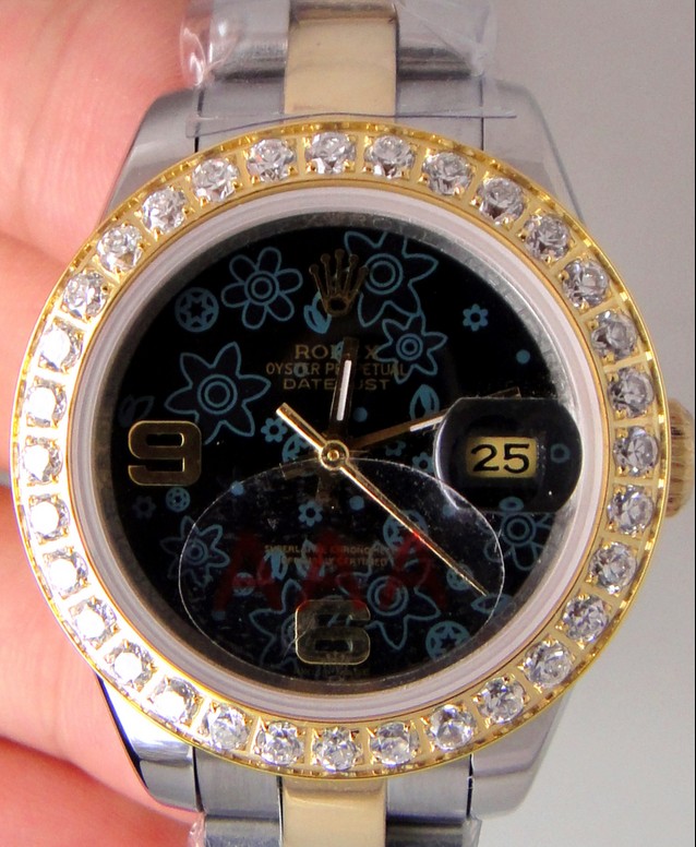 Datejust Rolex Watch: 2-Tone Black Flower Replica Watch